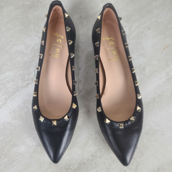 French Sole NY | LIRON Classic Black Leather Gold Studded Ballet Flats Shoes 8.5 - Picture 9 of 14